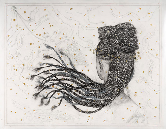 <em>Coma Berenices (Berenice’s Hair)</em>, 2018, <br>graphite, colored pencil, gold leaf, gold paint on drafting film, 36 x46"