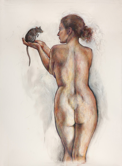 <em>Portage: Woman with Rat</em>, 2013, Ink, Graphite, Colored Pencil/Drafting Film, 55 x 42"