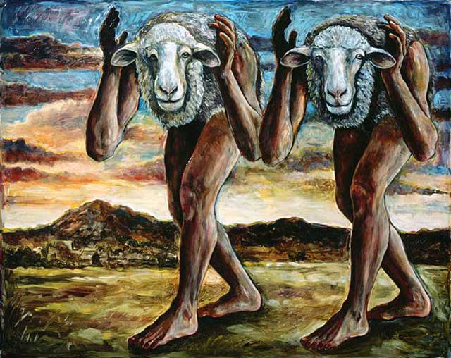 <em>Sheepish</em>, 2002, Oil/Panel, 48 x 60"